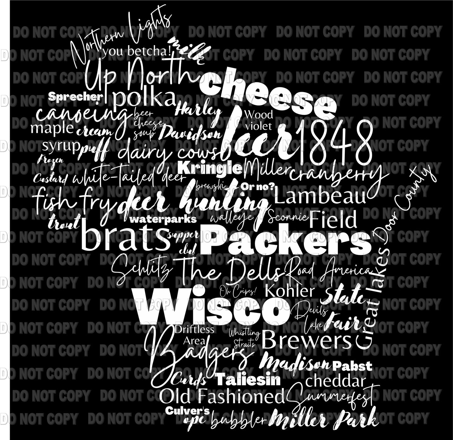 Wisconsin word art white transfer