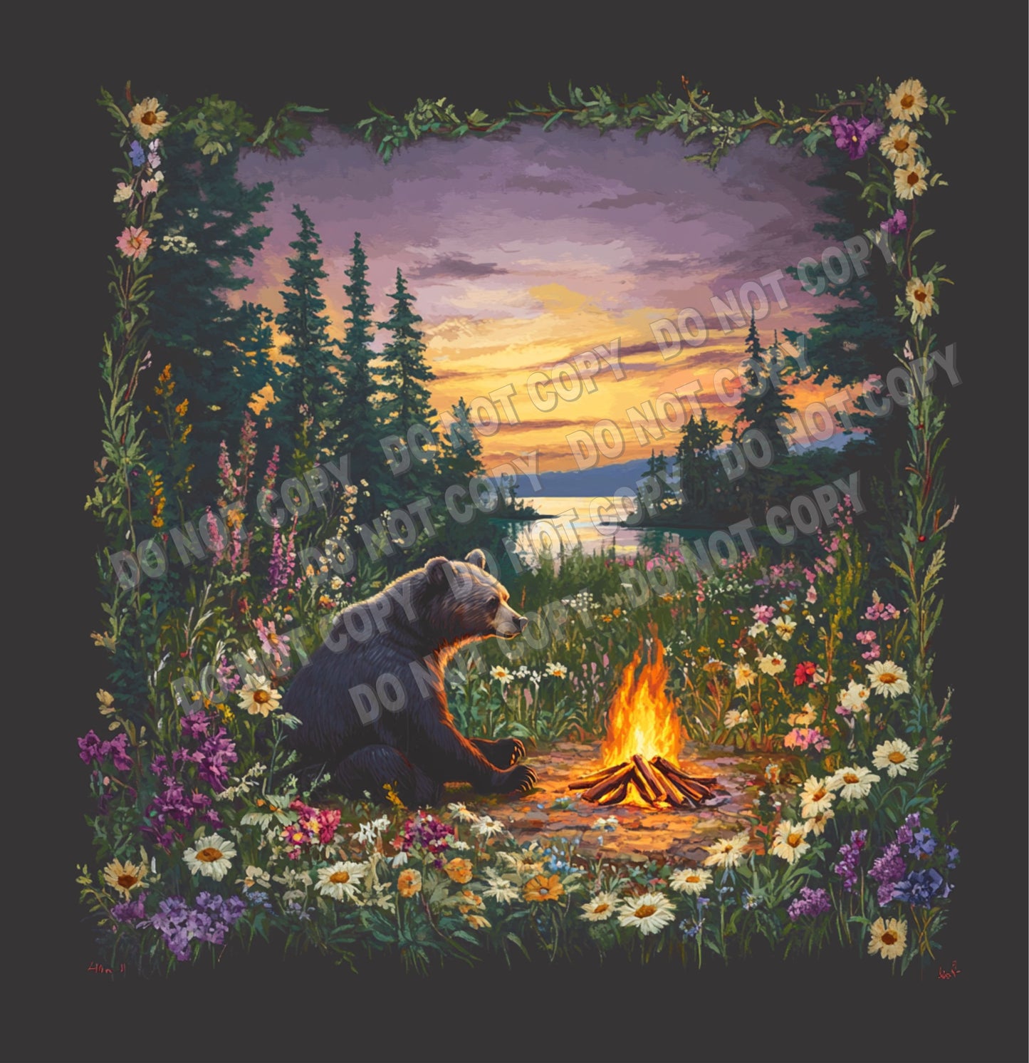 Bear campfire with floral border