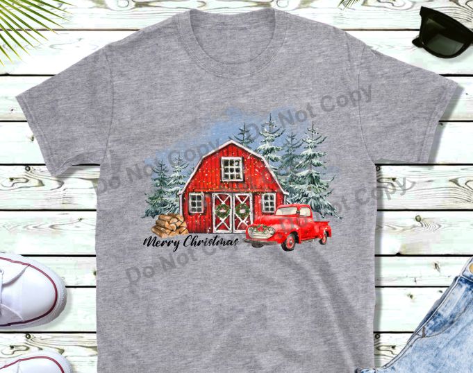 Merry Christmas with barn and red truck transfer