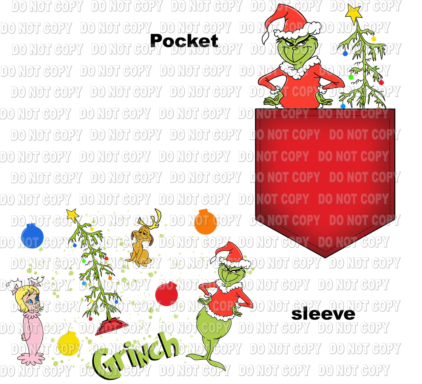 Pocket / sleeve grinch DTF transfer set