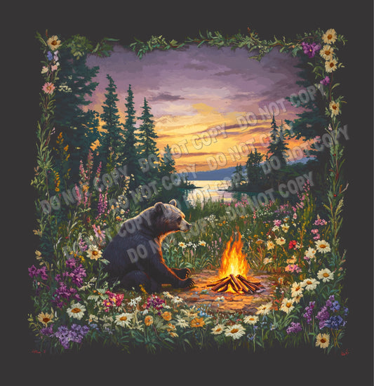 Bear campfire with floral border